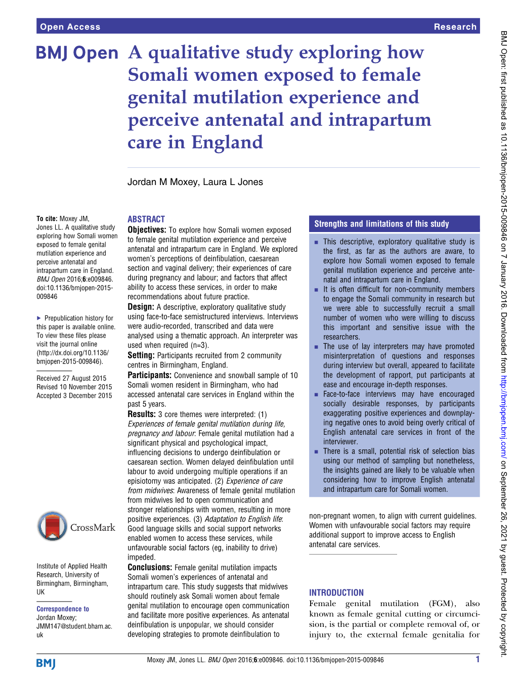 A Qualitative Study Exploring How Somali Women Exposed to Female Genital Mutilation Experience and Perceive Antenatal and Intrapartum Care in England