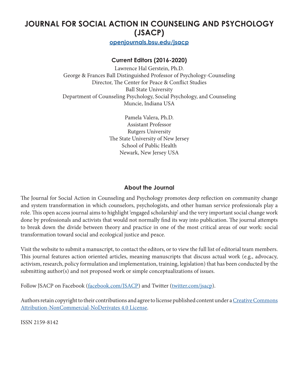 JOURNAL for SOCIAL ACTION in COUNSELING and PSYCHOLOGY (JSACP) Openjournals.Bsu.Edu/Jsacp