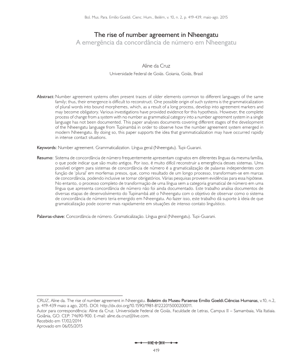 The Rise of Number Agreement in Nheengatu a Emergência Da Concordância De Número Em Nheengatu