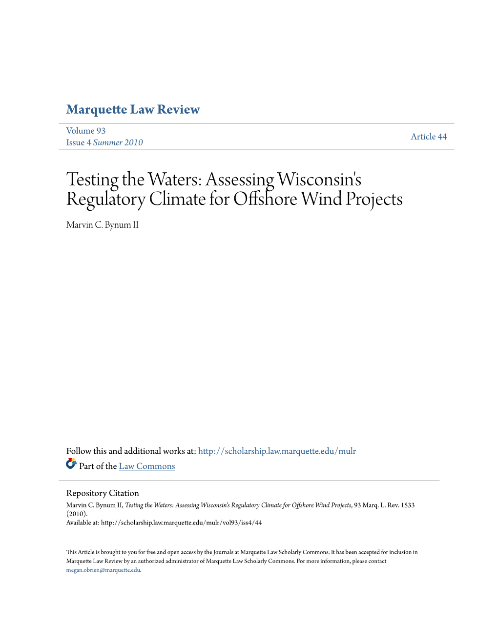 Assessing Wisconsin's Regulatory Climate for Offshore Wind Projects Marvin C