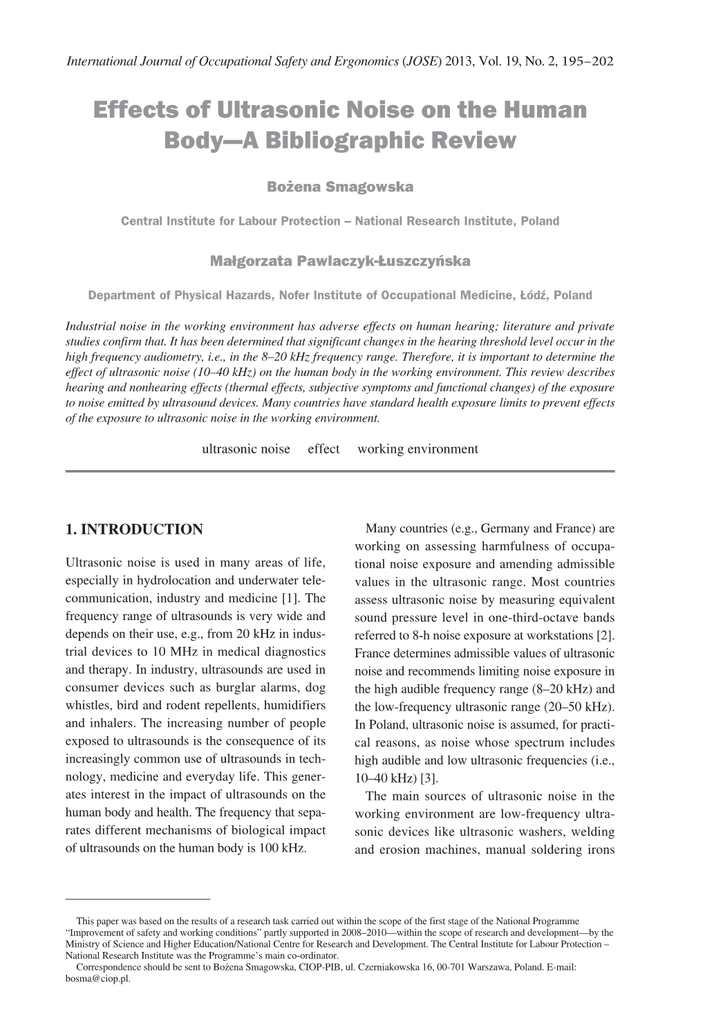 Effects of Ultrasonic Noise on the Human Body—A Bibliographic Review