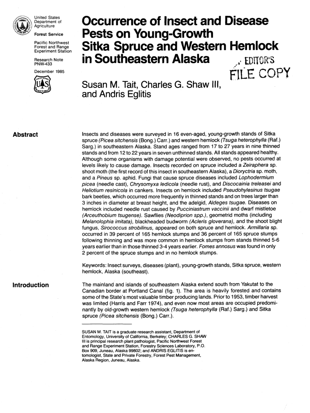 In Southeastern Alaska ,P EDITGR's December 1985 FILE COPY Susan M