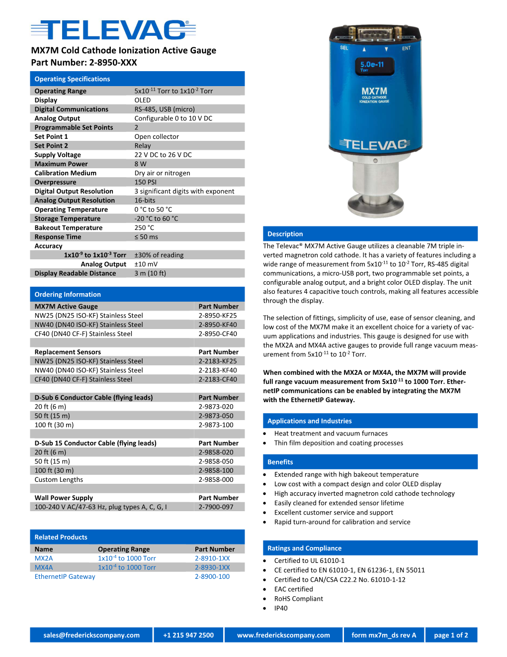 MX7M Cold Cathode Ionization Active Gauge