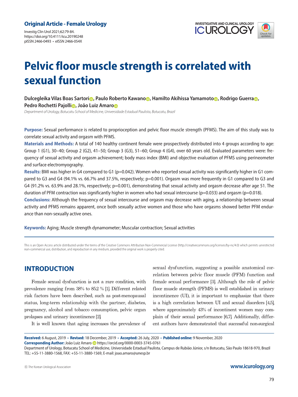 Pelvic Floor Muscle Strength Is Correlated with Sexual Function