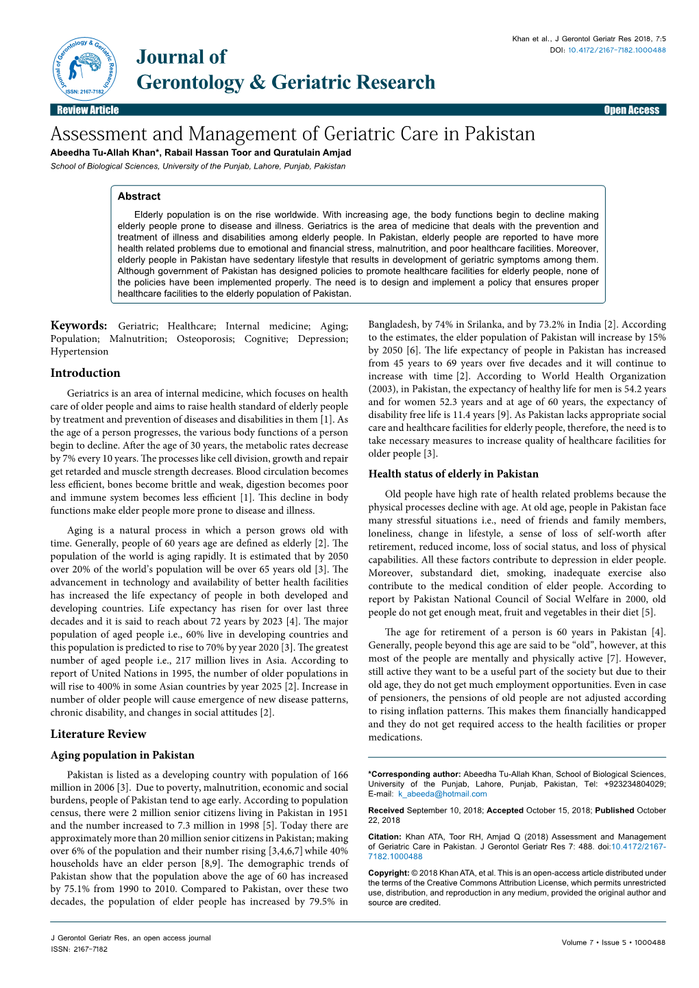 Assessment and Management of Geriatric Care in Pakistan