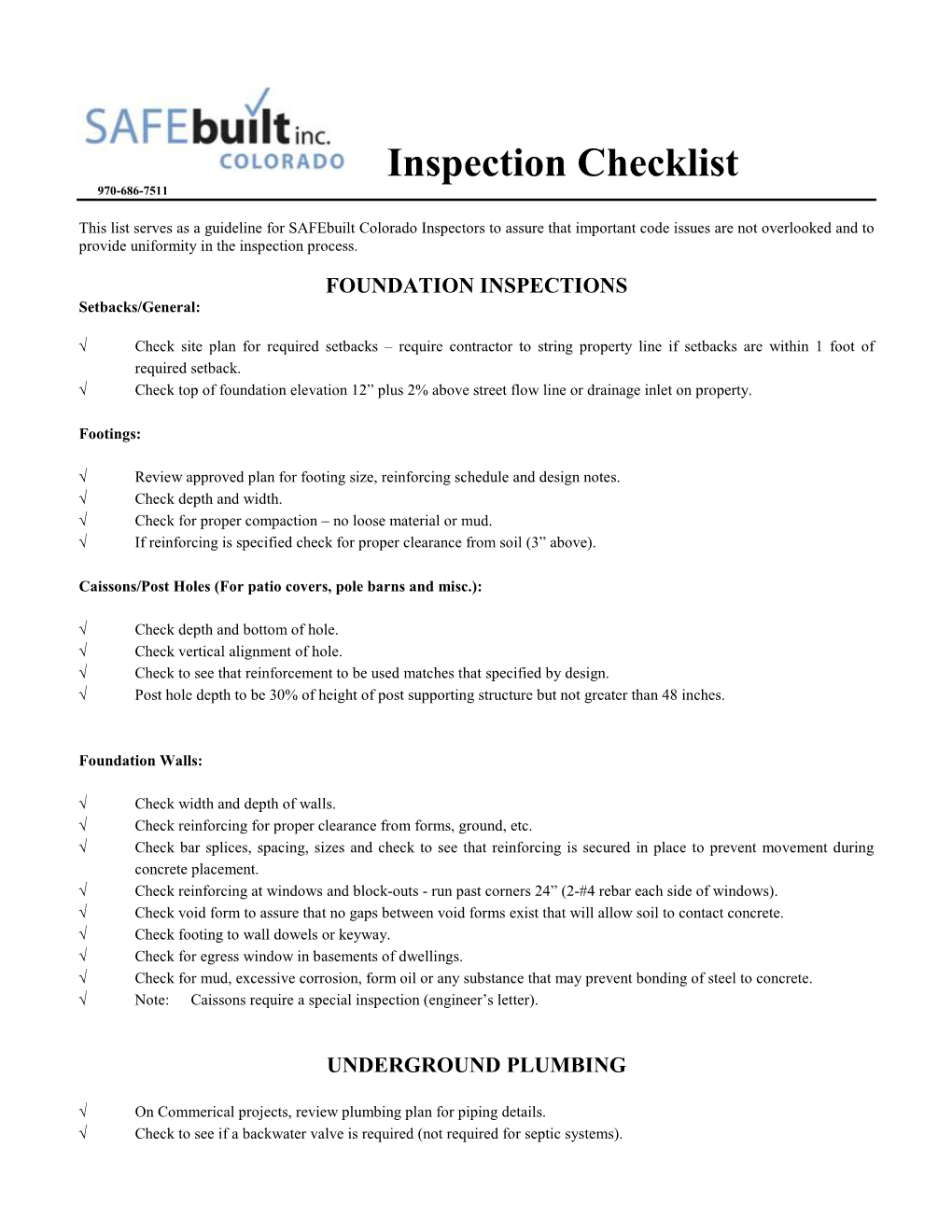 Inspection Checklist 970-686-7511