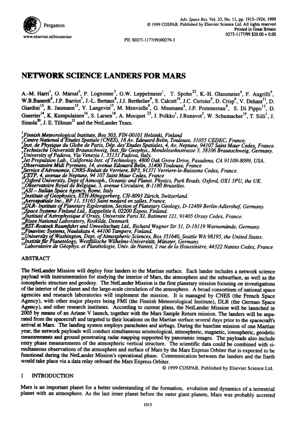 Network Science Landers for Mars