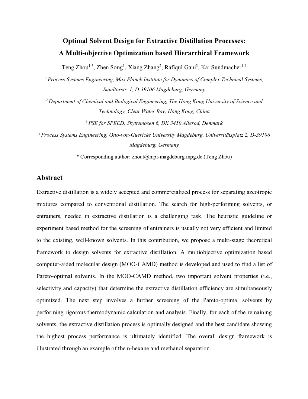 Optimal Solvent Design for Extractive Distillation Processes: a Multi-Objective Optimization Based Hierarchical Framework