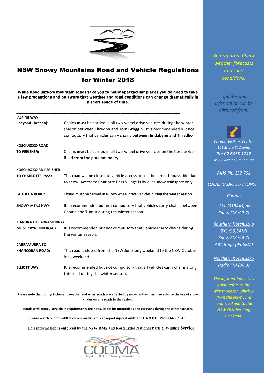 NSW Snowy Mountains Road and Vehicle Regulations for Winter 2018