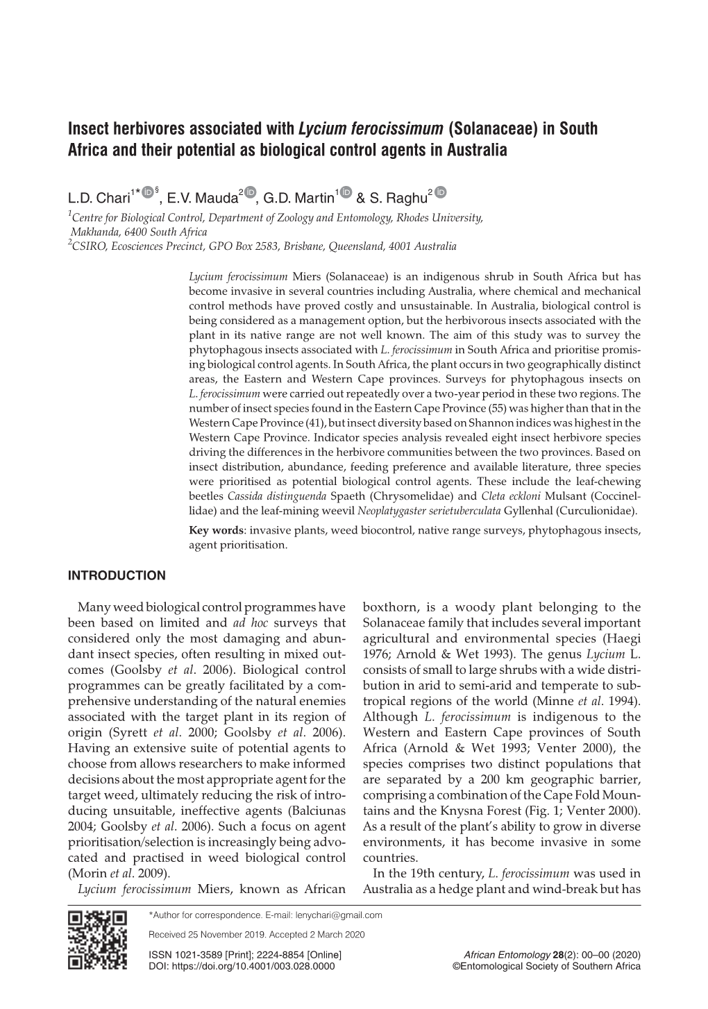 Insect Herbivores Associated with Lycium Ferocissimum (Solanaceae) in South Africa and Their Potential As Biological Control Agents in Australia