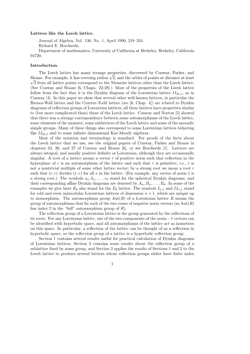 Lattices Like the Leech Lattice. Journal of Algebra, Vol. 130, No. 1, April 1990, 219–234