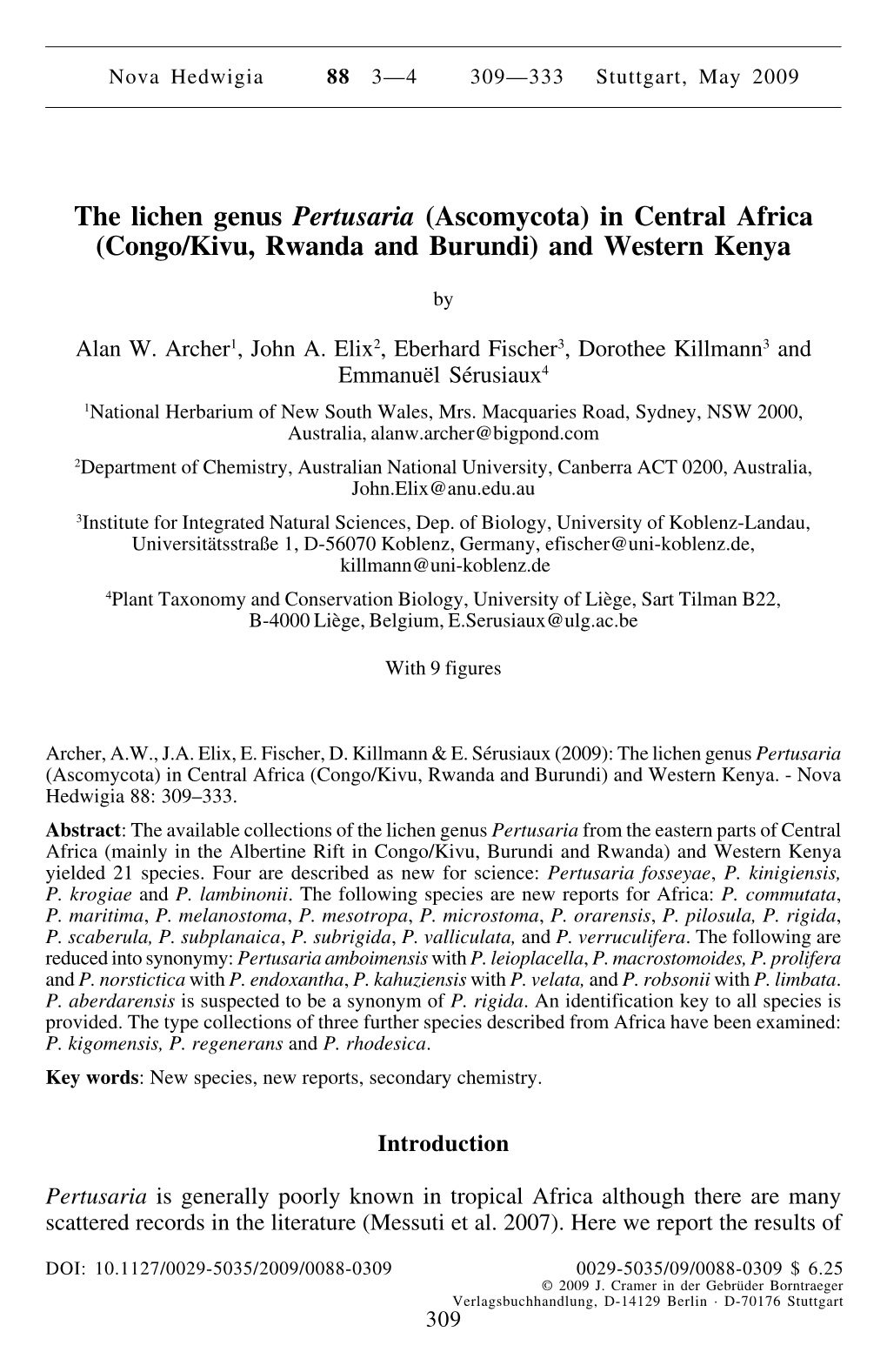 The Lichen Genus Pertusaria (Ascomycota) in Central Africa (Congo/Kivu, Rwanda and Burundi) and Western Kenya