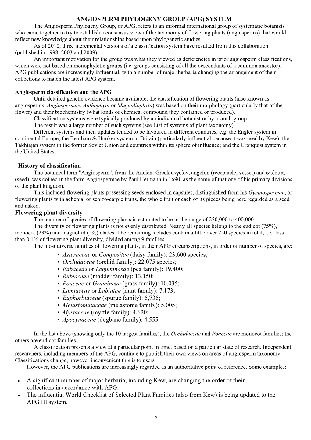 2 ANGIOSPERM PHYLOGENY GROUP (APG) SYSTEM History Of