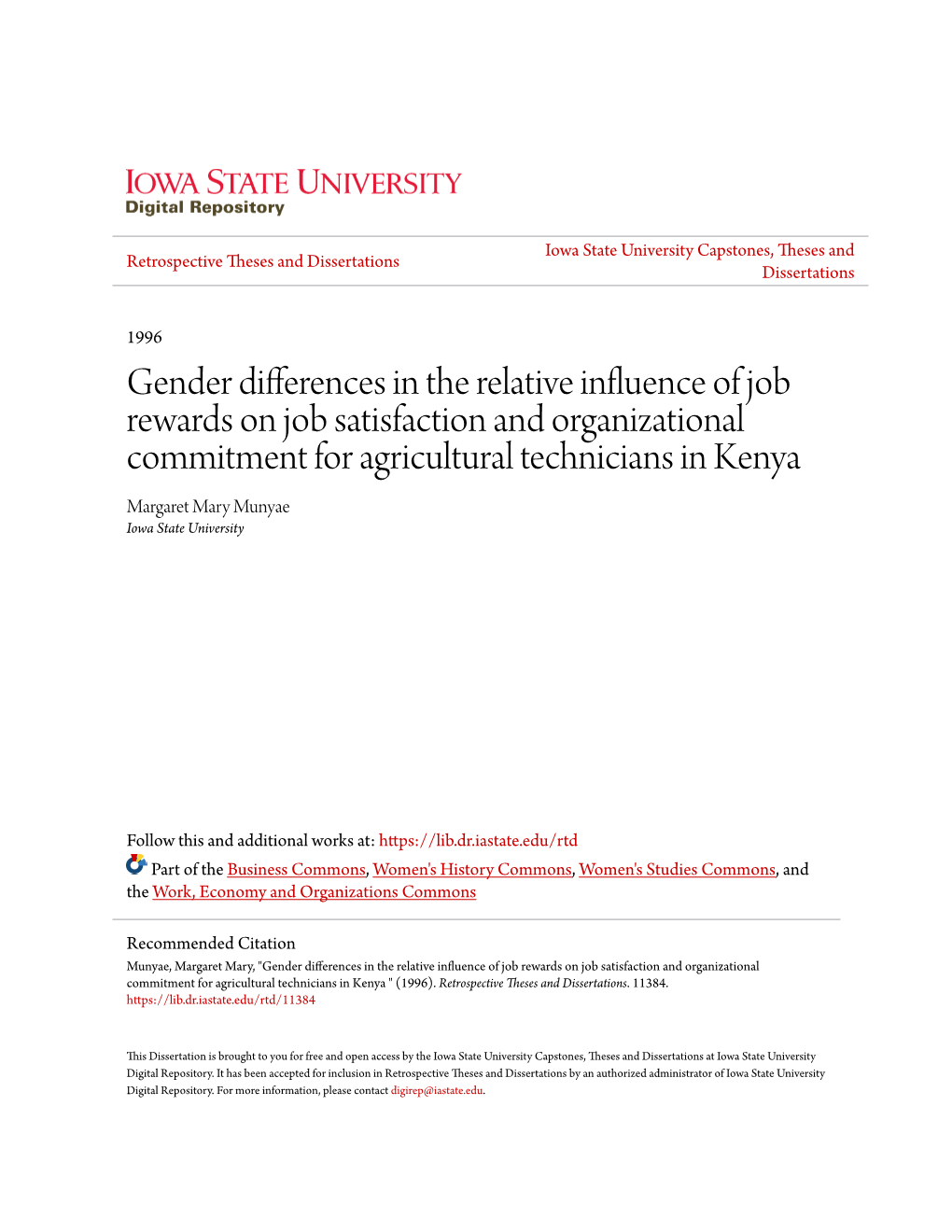 Gender Differences in the Relative Influence of Job Rewards on Job Satisfaction and Organizational Commitment for Agricultural T