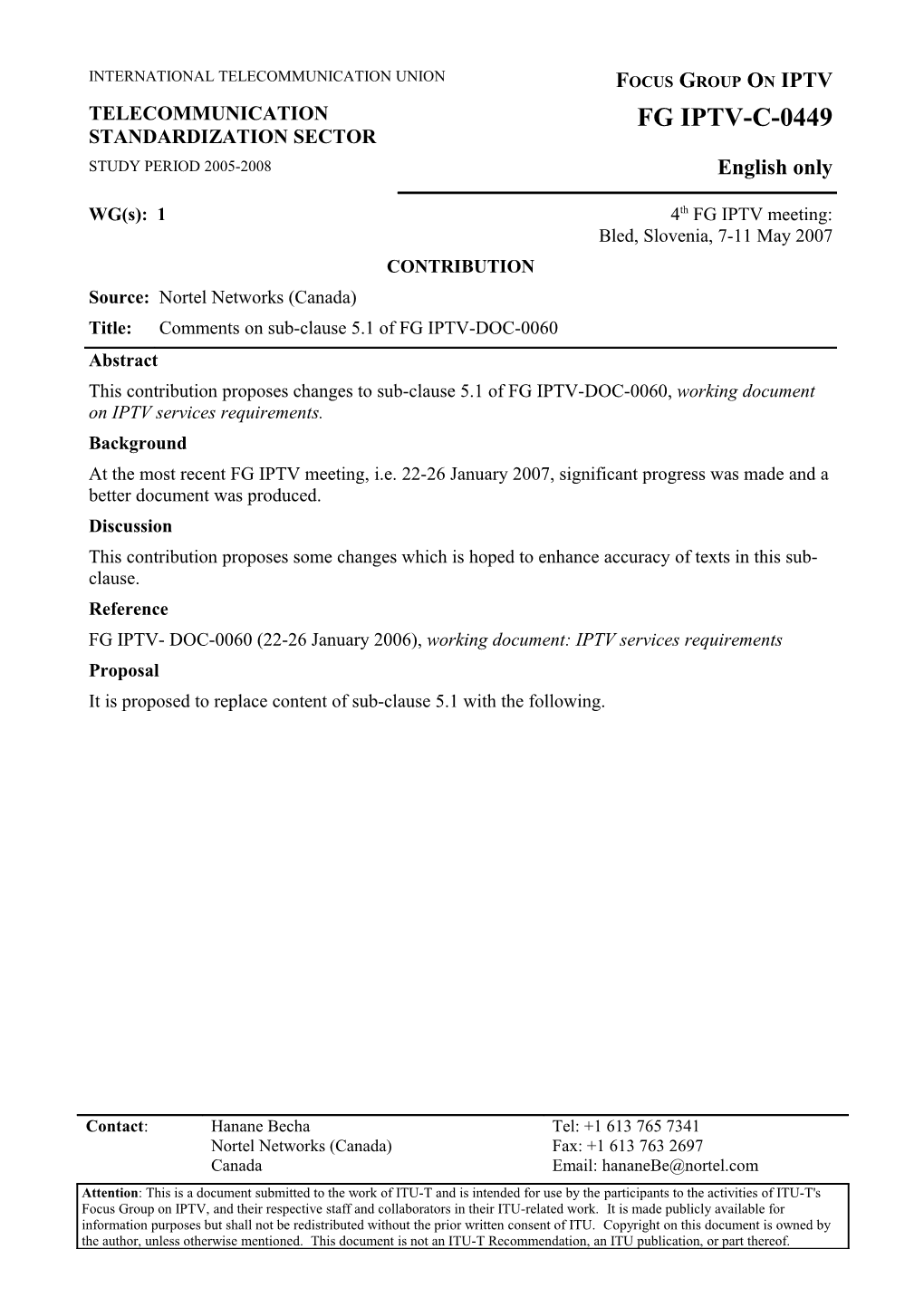 This Contribution Proposes Changes to Sub-Clause 5.1 of FG IPTV-DOC-0060, Working Document