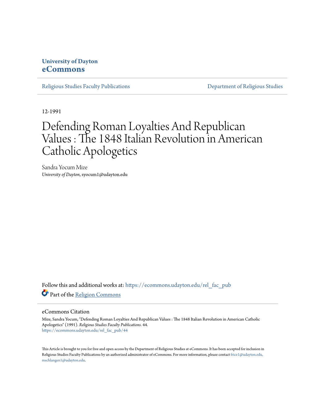 The 1848 Italian Revolution in American Catholic Apologetics