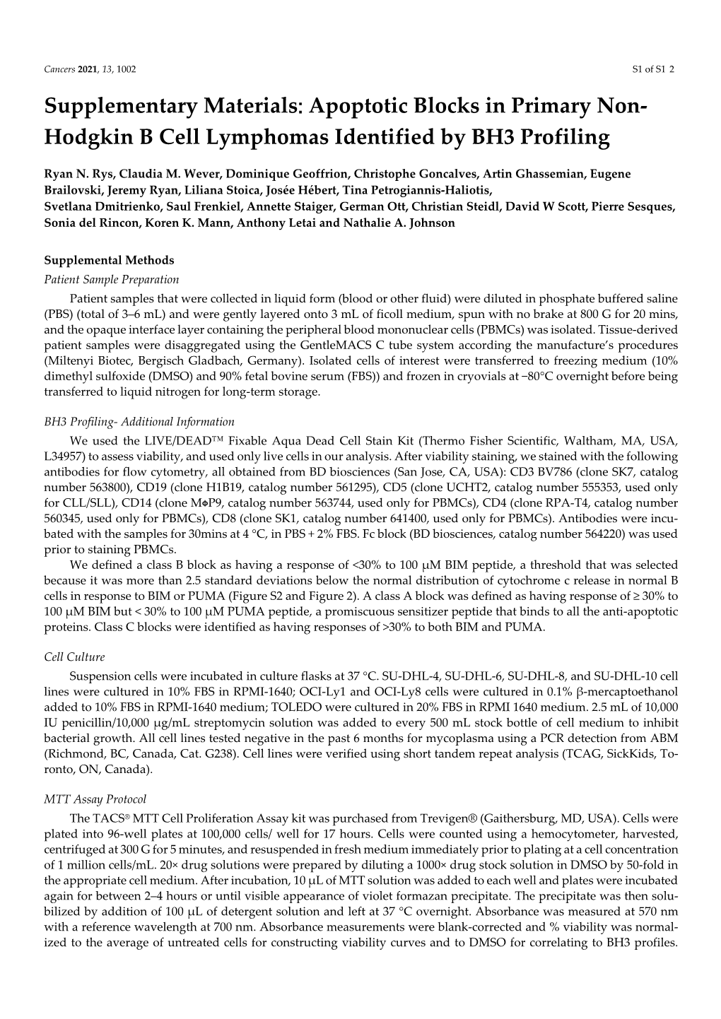 Hodgkin B Cell Lymphomas Identified by BH3 Profiling