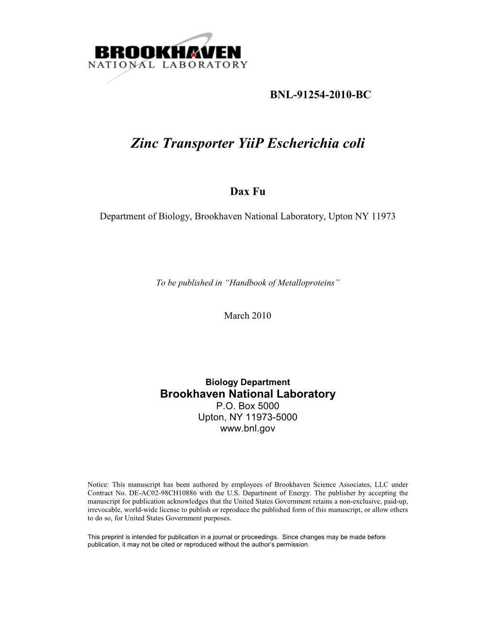 Zinc Transporter Yiip Escherichia Coli