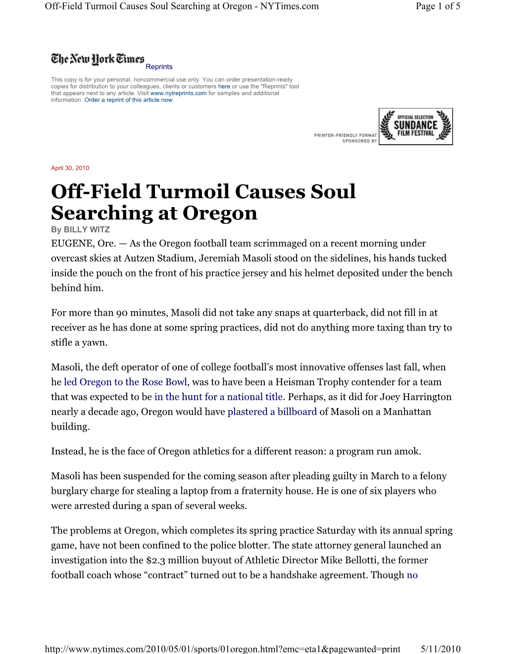 Off-Field Turmoil Causes Soul Searching at Oregon - Nytimes.Com Page 1 of 5