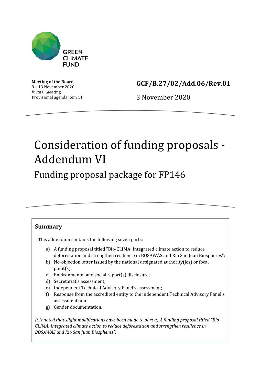 Consideration of Funding Proposals - Addendum VI Funding Proposal Package for FP146