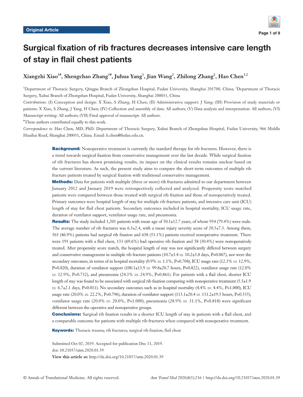 Surgical Fixation of Rib Fractures Decreases Intensive Care Length of Stay in Flail Chest Patients