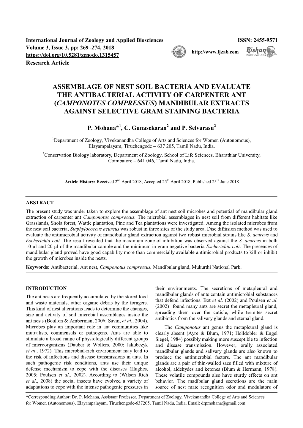 Camponotus Compressus) Mandibular Extracts Against Selective Gram Staining Bacteria