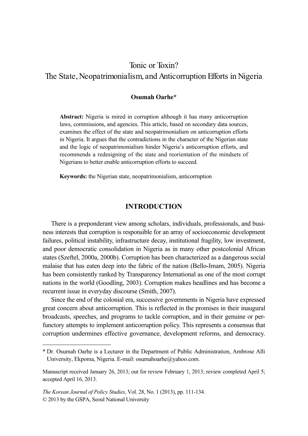 The State, Neopatrimonialism, and Anticorruption Efforts in Nigeria