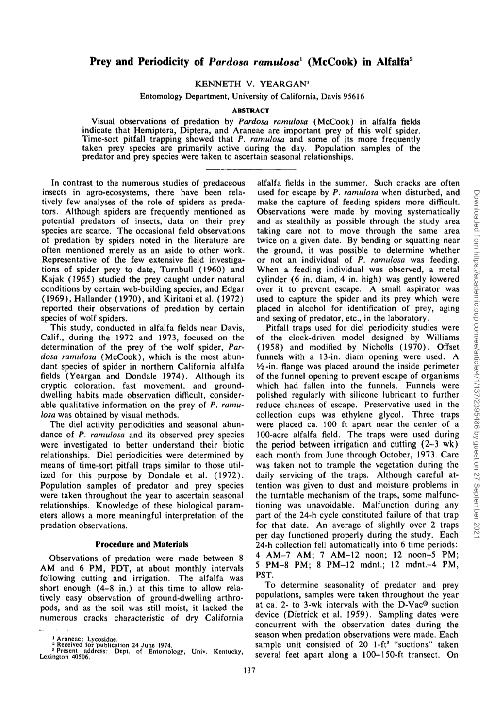 Prey and Periodicity of &lt;I&gt;Pardosa Ramulosa&lt;/I&gt; (Mccook) in Alfalfa