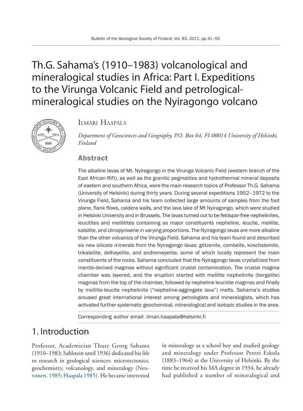 (1910–1983) Volcanological and Mineralogical Studies in Africa: Part I