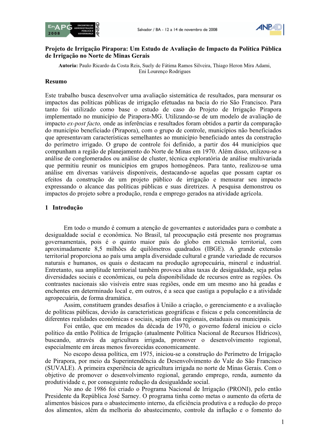 1 Projeto De Irrigação Pirapora: Um Estudo De Avaliação De Impacto Da