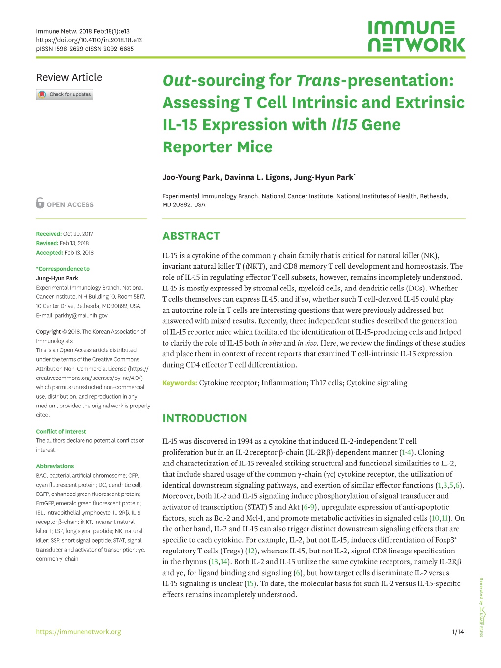 Assessing T Cell Intrinsic and Extrinsic IL-15 Expression with Il15 Gene Reporter Mice
