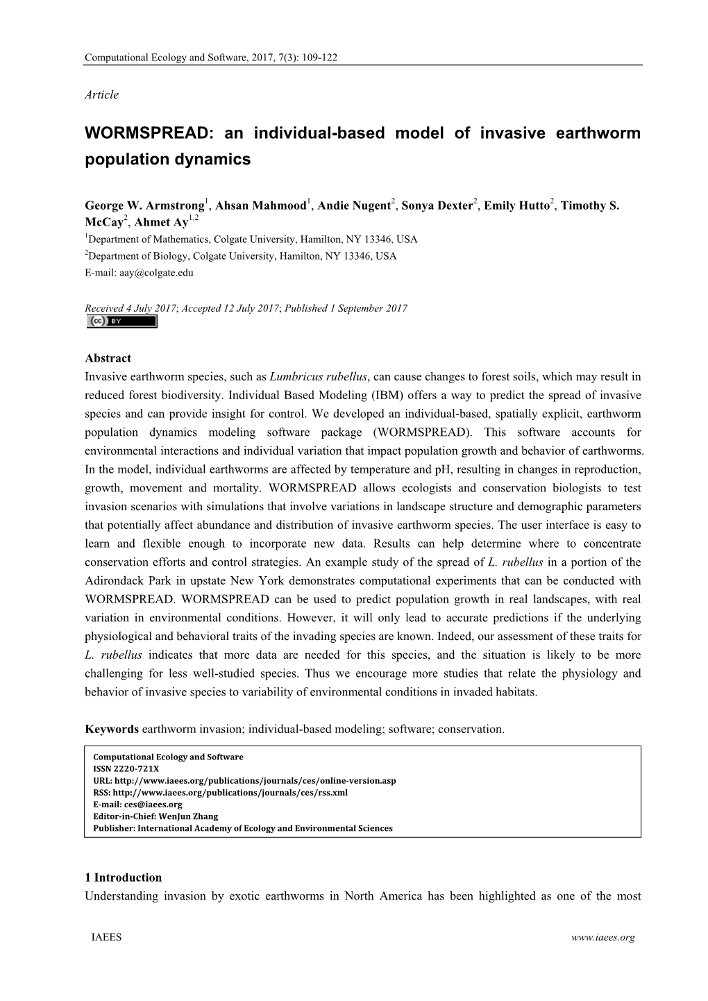 WORMSPREAD: an Individual-Based Model of Invasive Earthworm Population Dynamics