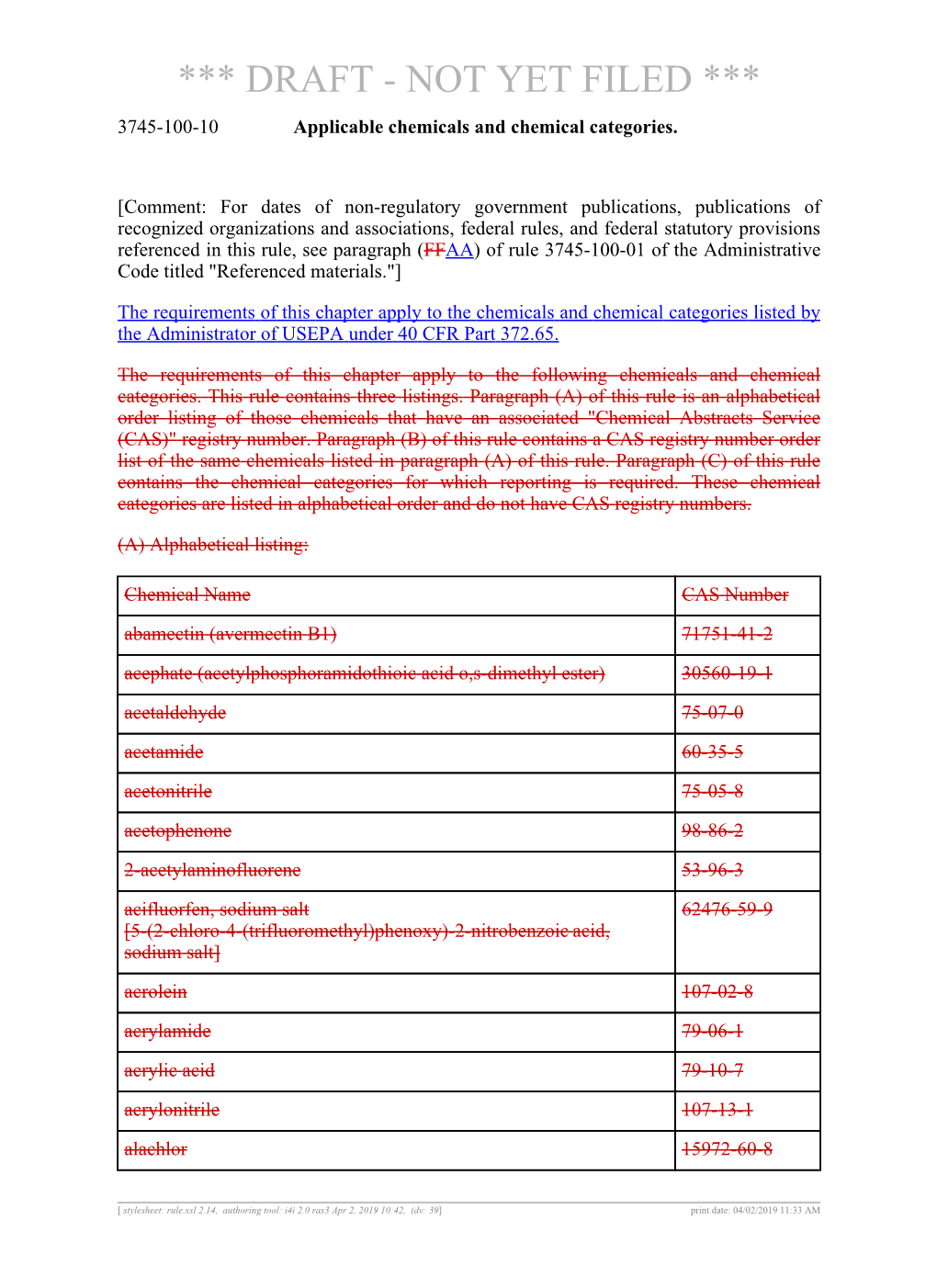 DRAFT - NOT YET FILED *** 3745-100-10 Applicable Chemicals and Chemical Categories