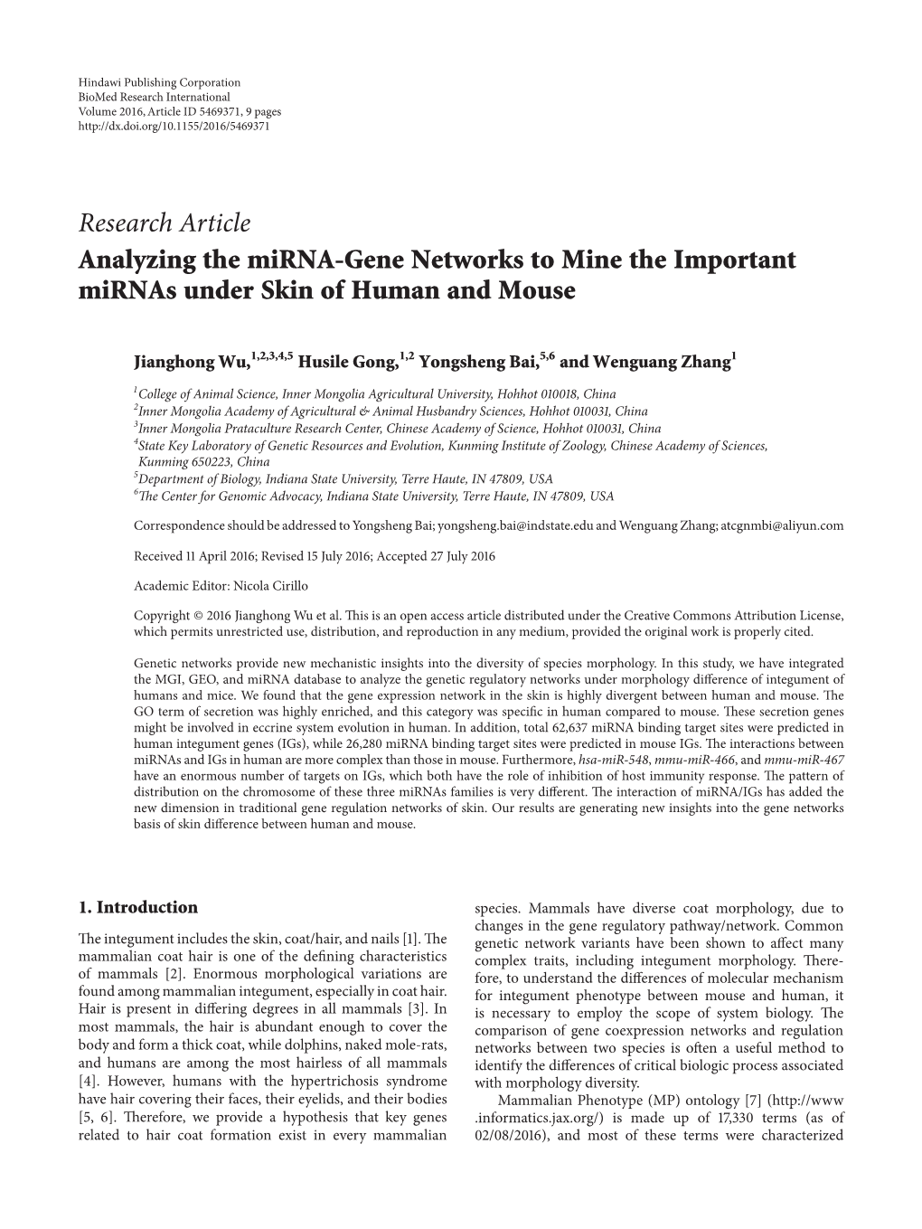 Analyzing the Mirna-Gene Networks to Mine the Important Mirnas Under Skin of Human and Mouse