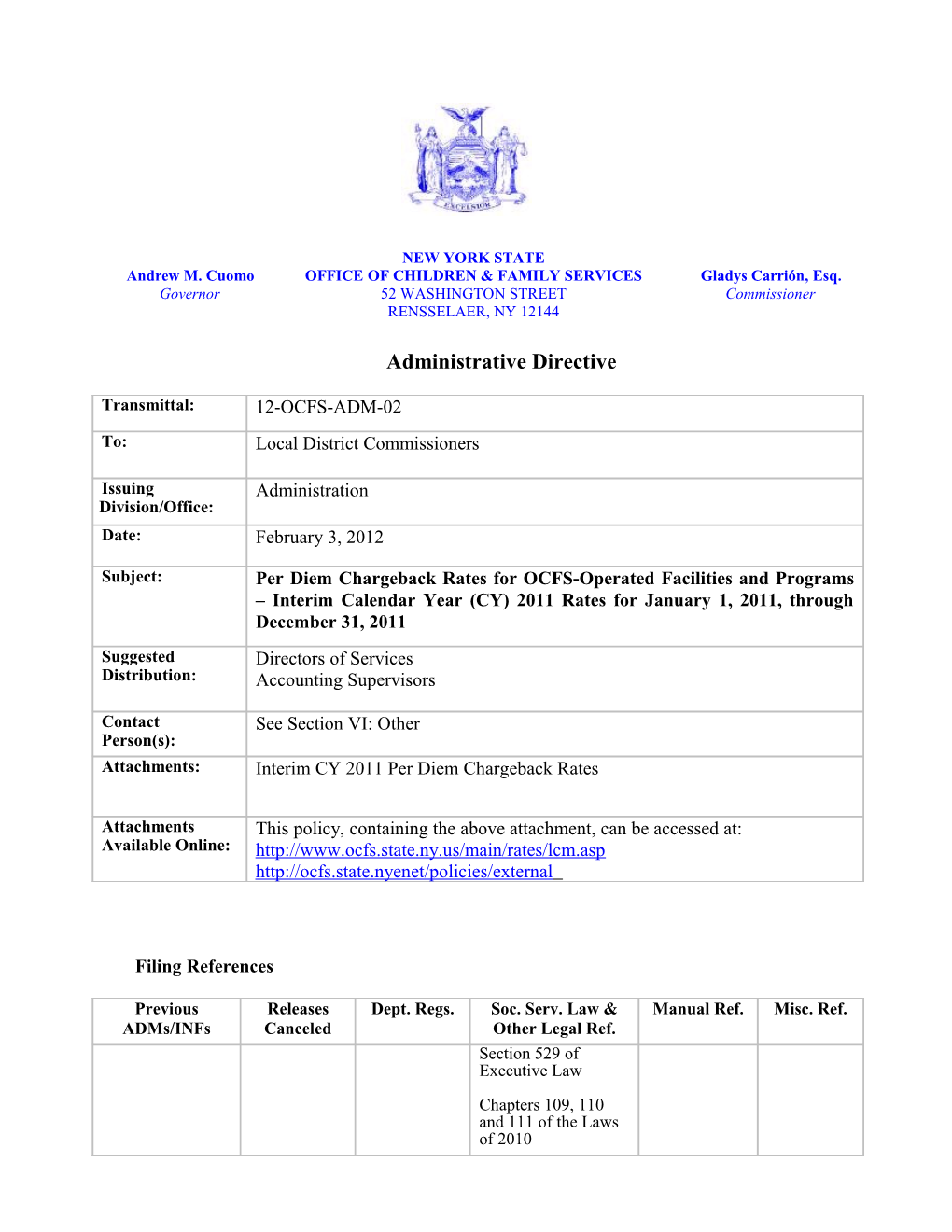 12-OCFS-ADM-02, Per Diem Chargeback Rates for OCFS-Operated Facilities and Programs Interim