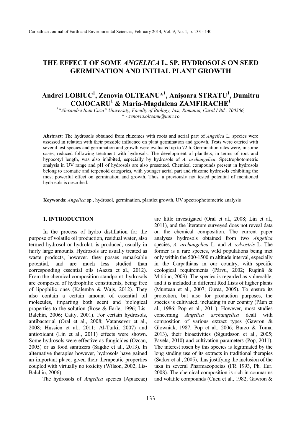 The Effect of Some Angelica L. Sp. Hydrosols on Seed Germination and Initial Plant Growth