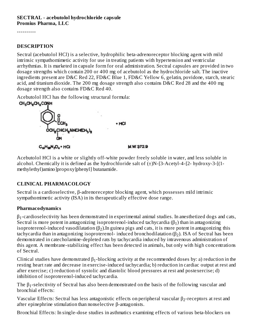 SECTRAL - Acebutolol Hydrochloride Capsule Promius Pharma, LLC