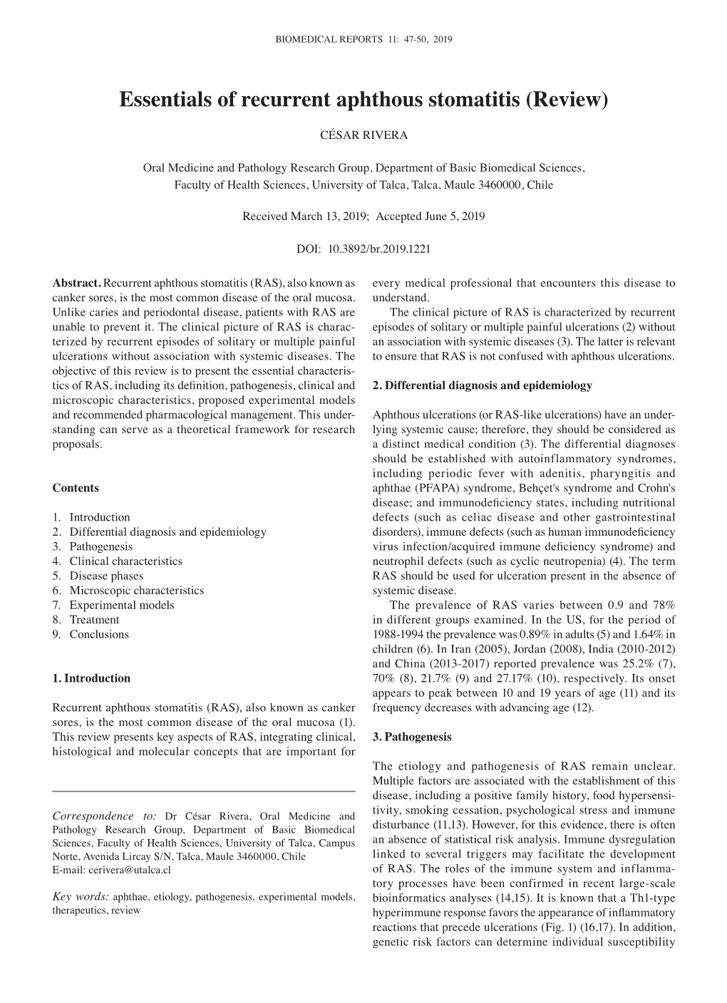 Essentials of Recurrent Aphthous Stomatitis (Review)