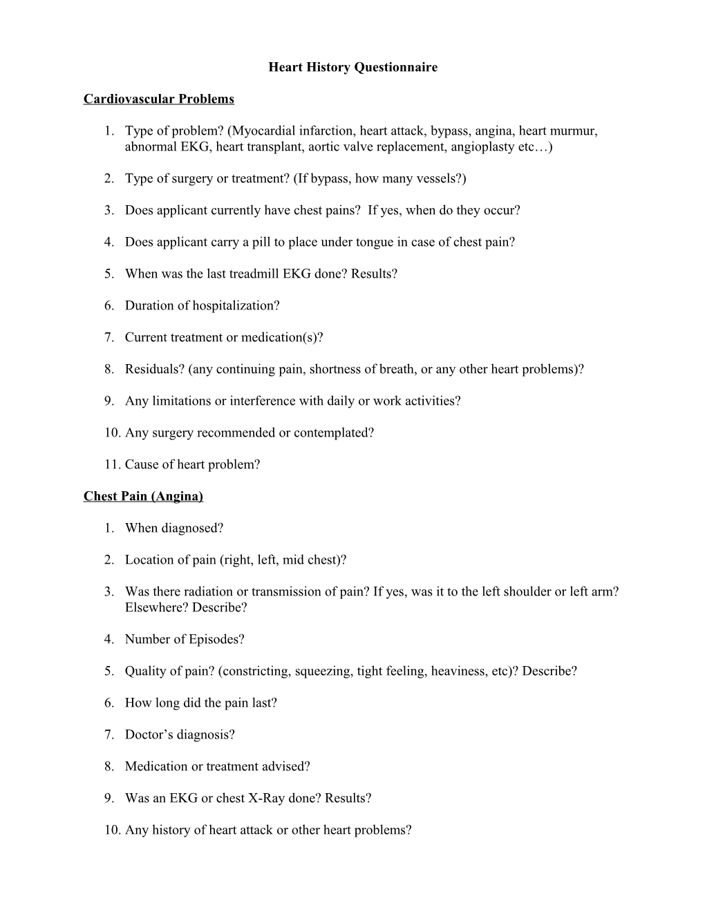 Heart History Questionnaire