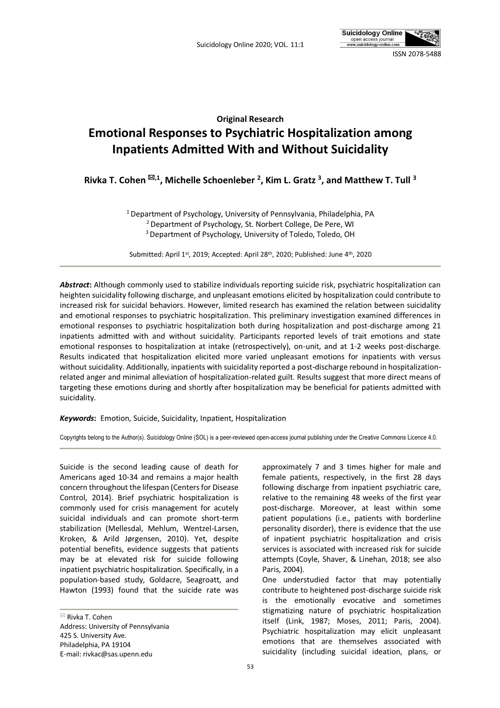 Emotional Responses to Psychiatric Hospitalization Suicidality