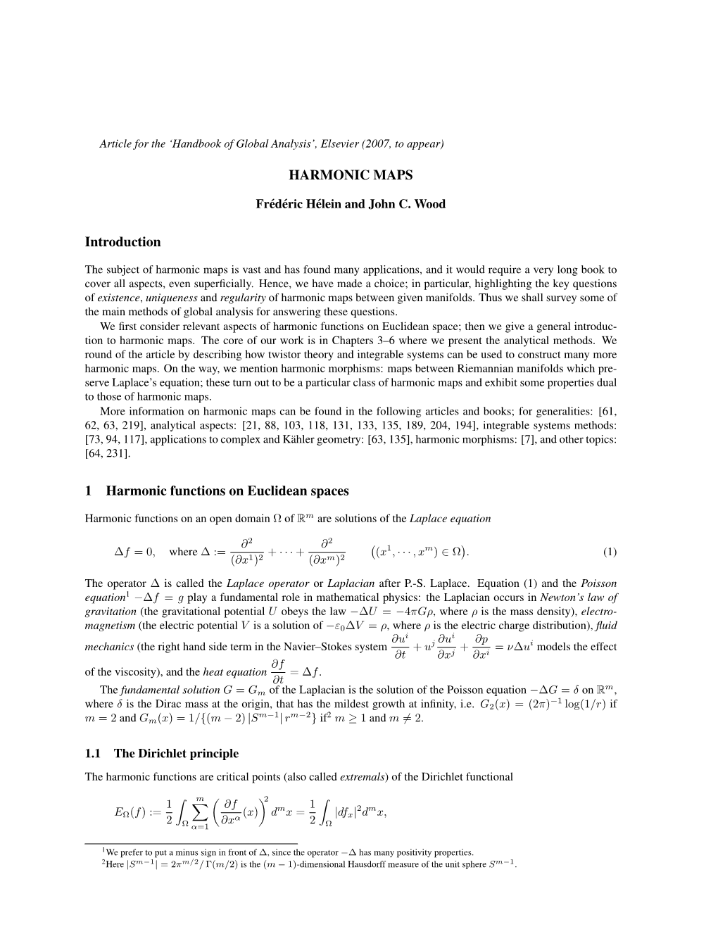 HARMONIC MAPS Introduction 1 Harmonic Functions on Euclidean