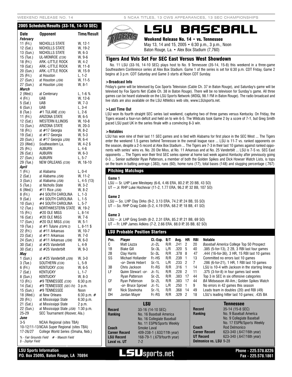 LSU Vs. Tennessee Game Notes 5.8.05.Qxd