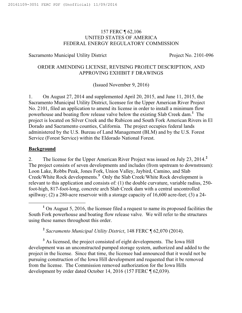 FERC Project No 2101 License Amendment Order