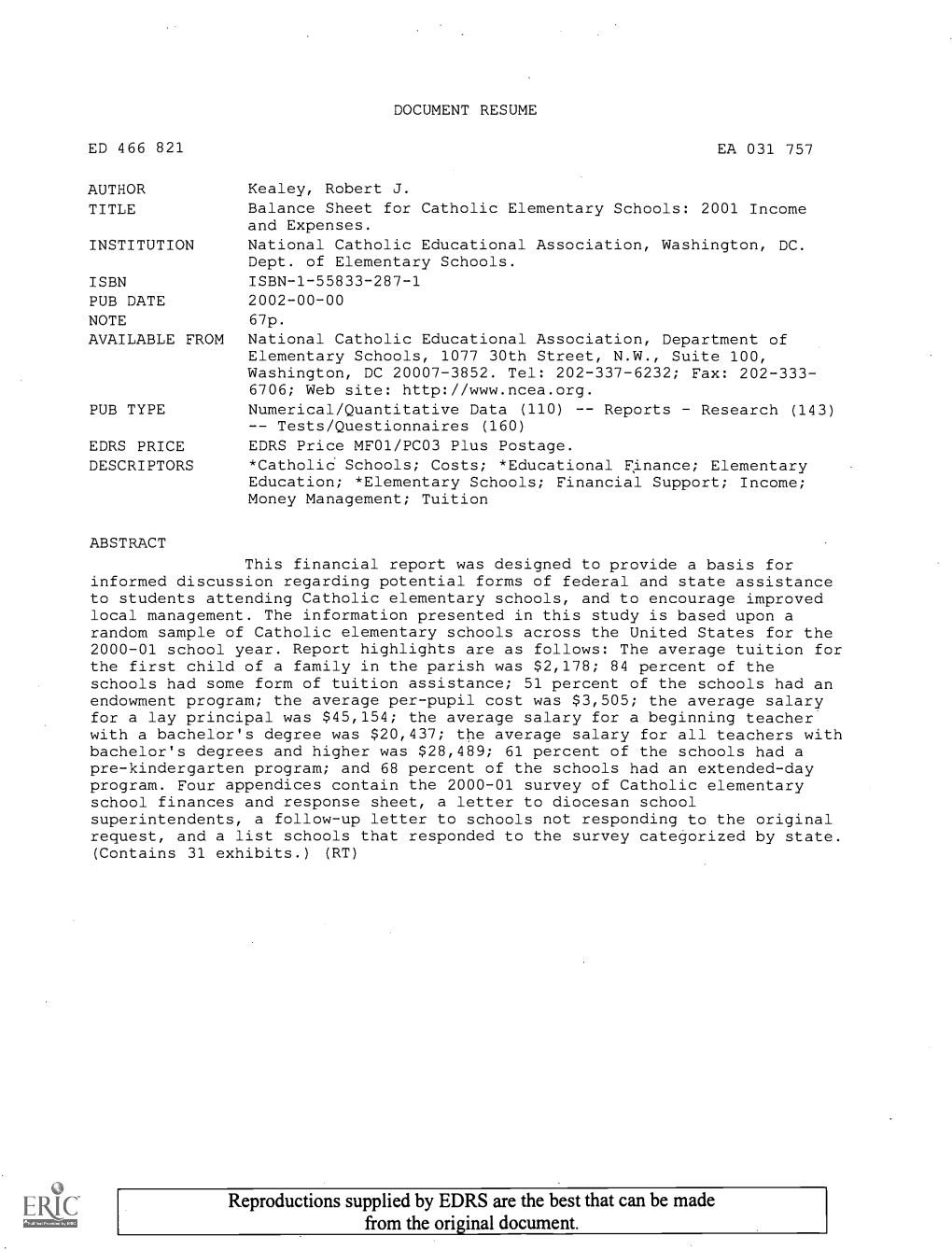 Balance Sheet for Catholic Elementary Schools: 2001 Income and Expenses