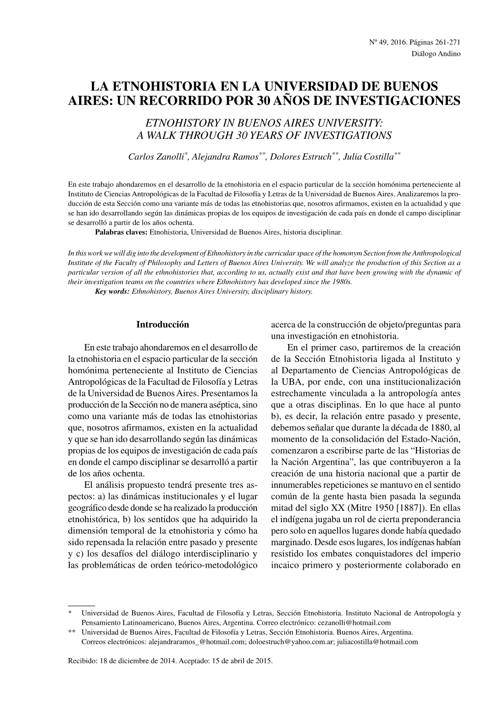 La Etnohistoria En La Universidad De Buenos Aires: Un Recorrido Por 30 Años De Investigaciones