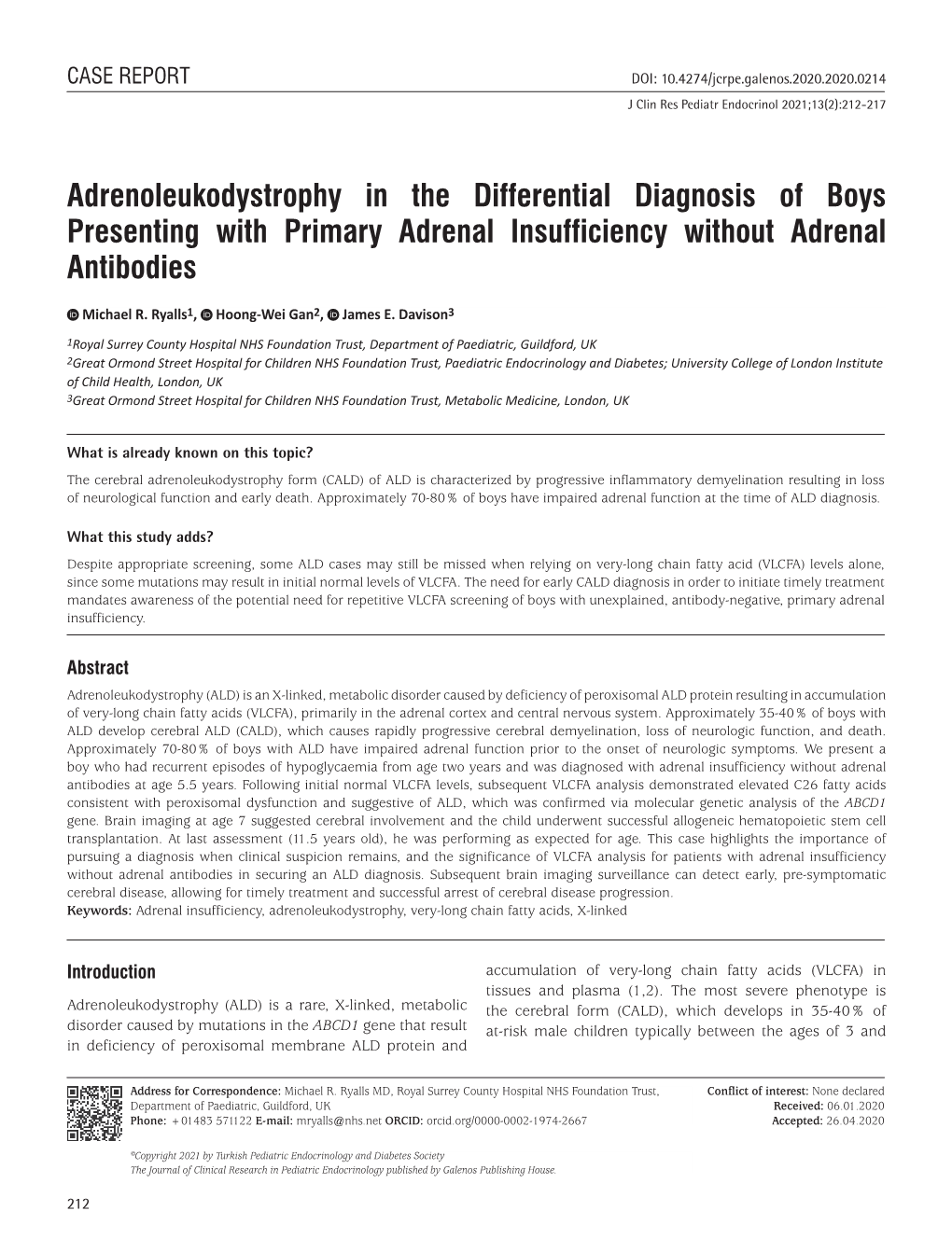 Adrenoleukodystrophy in the Differential Diagnosis of Boys Presenting with Primary Adrenal Insufficiency Without Adrenal Antibodies