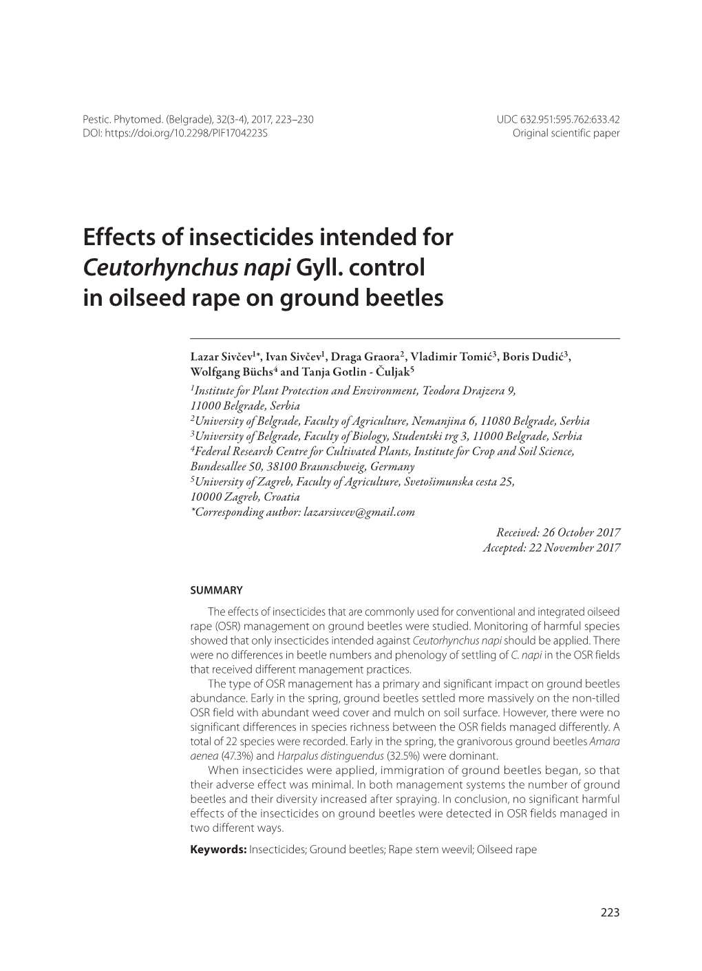 Effects of Insecticides Intended for Ceutorhynchus Napi Gyll. Control in Oilseed Rape on Ground Beetles