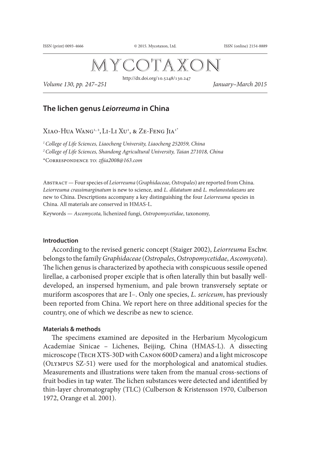 The Lichen Genus &lt;I&gt;Leiorreuma &lt;/I&gt; in China