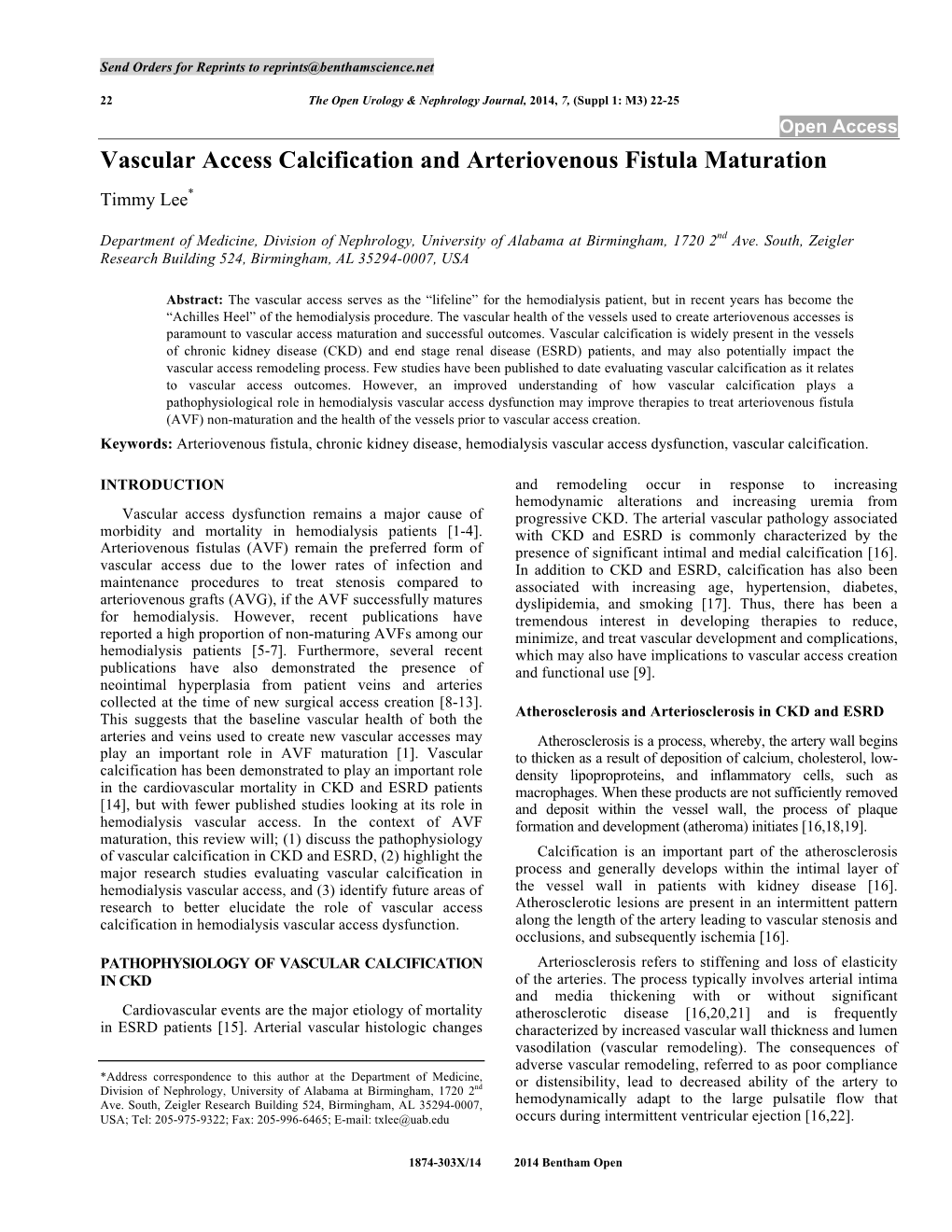 Vascular Access Calcification and Arteriovenous Fistula Maturation Timmy Lee*