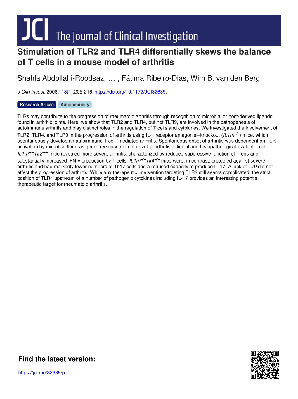 Stimulation of TLR2 and TLR4 Differentially Skews the Balance of T Cells in a Mouse Model of Arthritis